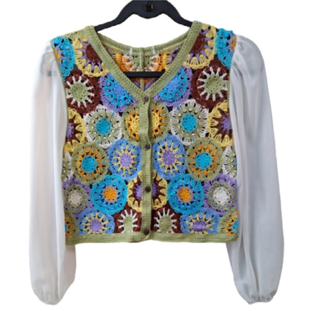 Handmade crochet top!  With cream sleeves.  Very boho and hippee. Sz Xs